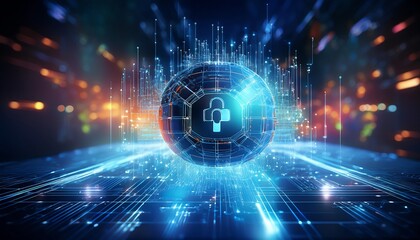 Obraz premium A futuristic digital globe with a padlock symbol, representing cybersecurity and data protection in a vibrant, high-tech environment.