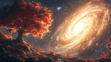 Breathtaking Cosmic Landscape with Swirling Galaxies Glowing Meteors and Radiant Planets in Deep Space