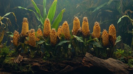 Obraz premium Ripe corn stalks in a mystical setting. Perfect for themes of harvest, nature, and abundance.