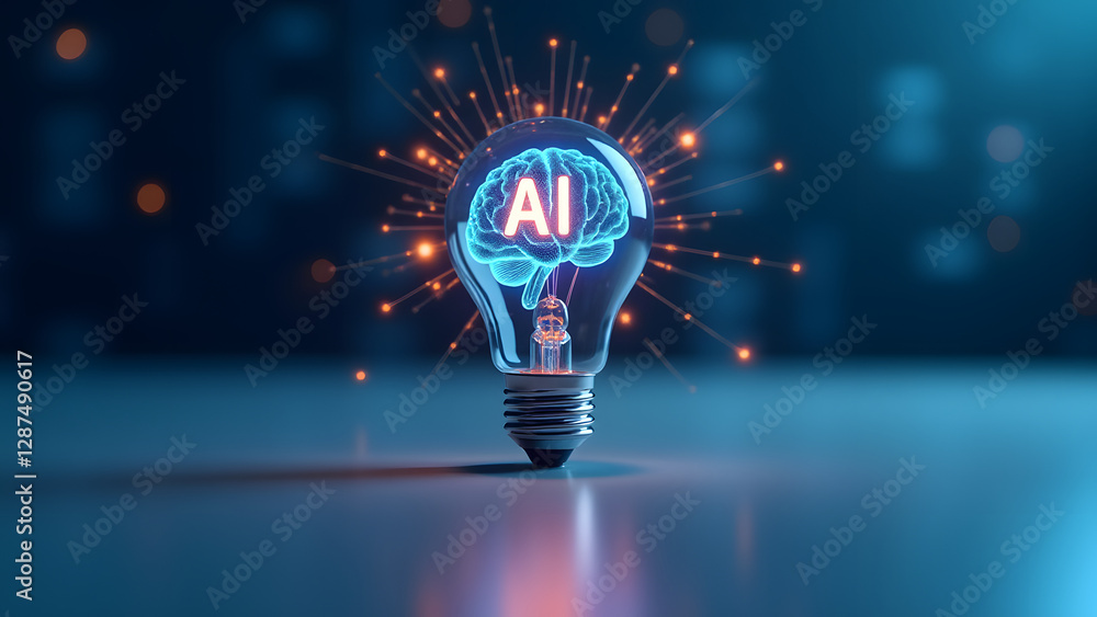 Poster a glowing ai brain hologram inside a transparent lightbulb, surrounded by digital circuits and glowi