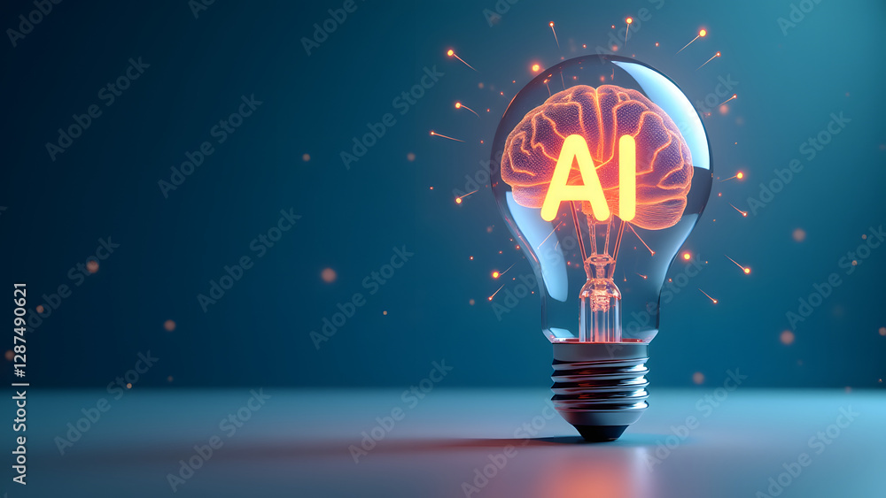 Poster a glowing ai brain hologram inside a transparent lightbulb, surrounded by digital circuits and glowi
