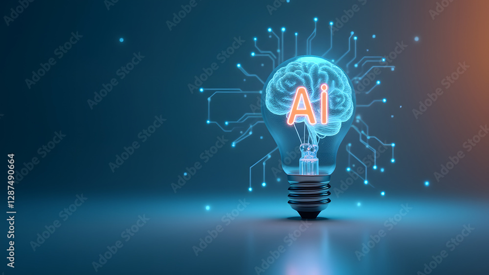 Poster a glowing ai brain hologram inside a transparent lightbulb, surrounded by digital circuits and glowi