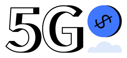 Bold 5G text, crossed-out dollar sign in blue circle, and a small cloud. Ideal for technology, communication, economy, financial challenges, connectivity future networks progress. Abstract line