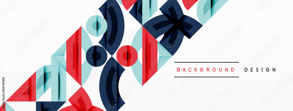 Poster Abstract geometric background with shapes, featuring circular and rounded elements. Bold contrast, smooth gradients, dynamic composition, futuristic style