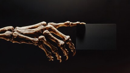 A realistic skeleton hand holding a blank black card against a deep black background, eerie lighting for a spooky effect.