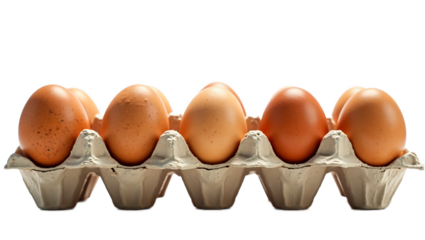 Brown eggs in carton isolated on transparent background. Use for Easter designs, food projects, organic or natural concepts.