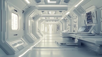 Obraz premium Exploring a Clean Futuristic Space Station Interior with Bright White Hallway