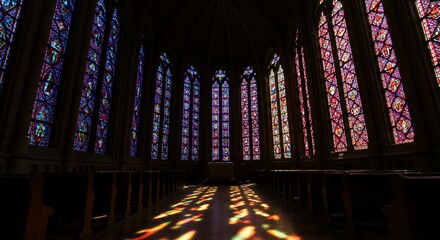 Obraz premium Illuminated Chapel Interior with Stained Glass Windows Casting Colorful Light