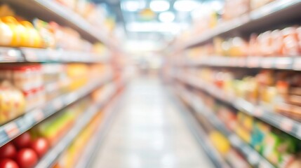 Blurred supermarket aisle with various products on shelves.