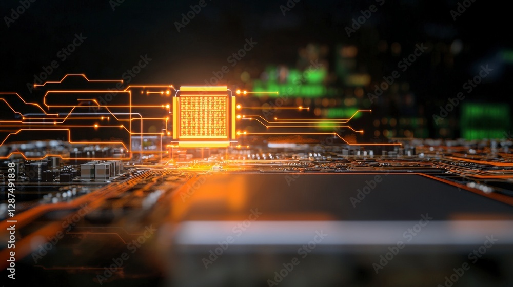 Poster futuristic microchip on circuit board with glowing data lines and digital landscape in background