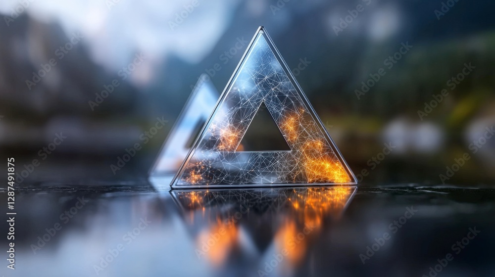 Poster triangular glass objects reflecting light with fiery patterns against a serene natural background in