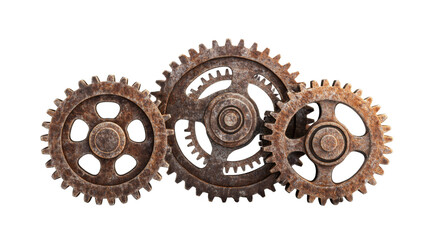 Rusty gears mechanism on transparent background png for industrial design white