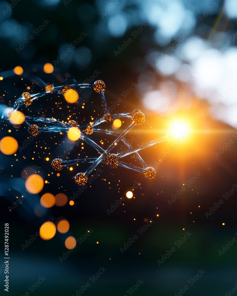 Poster abstract representation of molecular structure with glowing particles and light flare in a dreamy ba