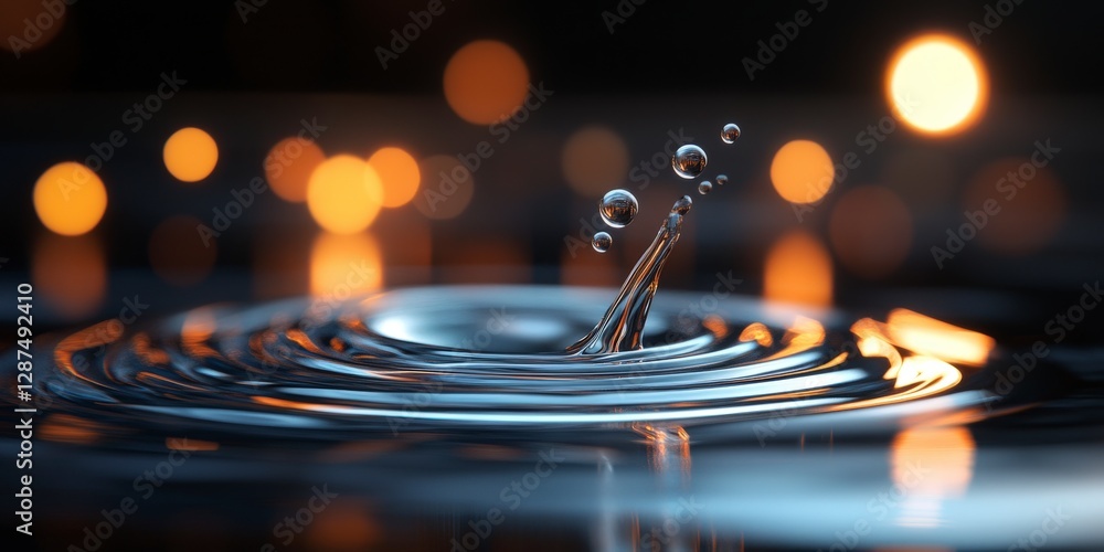 Poster close-up of water droplets splashing creating ripples and bokeh effect in a dark environment
