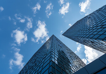 Stunning Low Angle View of Modern Glass Skyscrapers Against a Bright Blue Sky with Fluffy Clouds