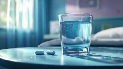 A clear glass of water sits on a blue bedside table with two pills, sunlight streaming through curtains