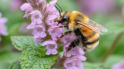 Close-up of a bee pollinating vibrant purple flowers in a lush garden setting
