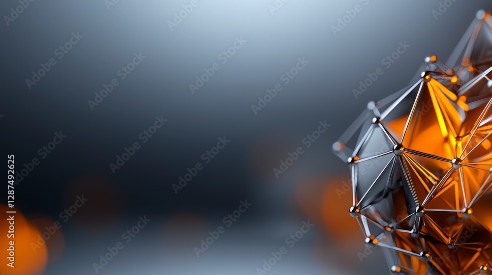 Poster abstract 3d rendering of geometric structure with metallic framework and illuminated orange elements