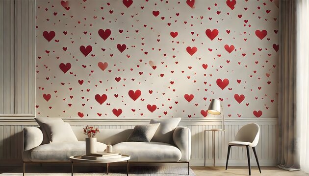 A chic, modern love wallpaper with a pattern of red hearts scattered over a plain background. The simple yet striking design combines elegance with a contemporary twist, making it perfect for a stylis
