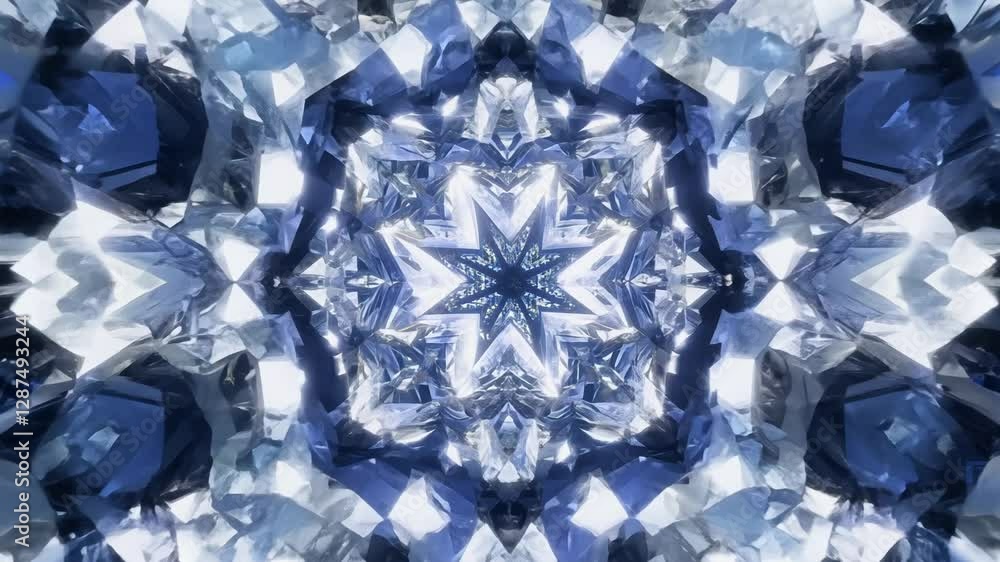 Poster dramatic zoom in video into a single point within complex fractal crystal patterns, revealing intric