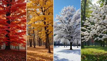 Vibrant Red in Autumn, Golden Yellow in Fall, Snow-Covered in Winter, and Blooming White Flowers in Spring