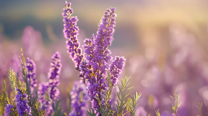 Obraz premium A field of purple flowers with a bright sun shining on them