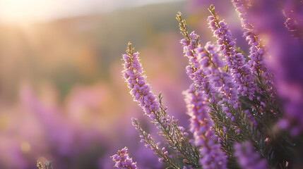 Naklejka premium A field of purple flowers with a bright sun shining on them