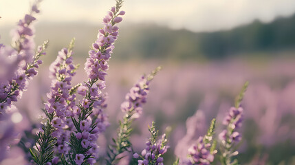 Naklejka premium A field of purple flowers with a bright sun shining on them
