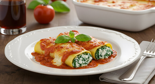 A plate of homemade cannelloni filled with spinach and ricotta, topped with tomato sauce and melted cheese, garnished with fresh basil, set on a rustic wooden table.
