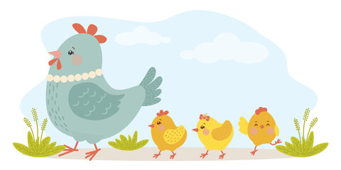 Funny family. Cute chicks and mother hen on a walk. Flat vector illustration for Easter decoration.
