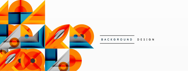 Geometric abstract composition with intersecting shapes, circles, triangles, and gradients, blending vibrant colors and dynamic contrasts to create a modern, futuristic visual design