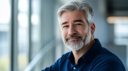 Fototapeta premium The portrait vividly captures the temperament and style of a modern businessman. His dark blue shirt is not only a symbol of professional status, but also conveys a sense of reserved strength and reli