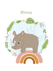 Adorable rhinoceros stands on a bright rainbow. Flat style vector illustration for birthday invitation, cards and stickers.