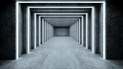 Futuristic concrete tunnel with glowing lines, background empty, for sci-fi design