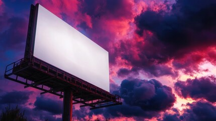 Fototapeta premium Empty billboard against a dramatic sunset sky with vibrant clouds and color gradients