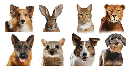 Diverse Collection of Dog and Animal Portraits on a White Background, isolated on transparent background