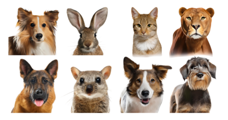 Diverse Collection of Dog and Animal Portraits on a White Background, isolated on transparent background