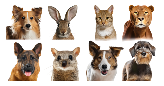 Diverse Collection of Dog and Animal Portraits on a White Background, isolated on transparent background