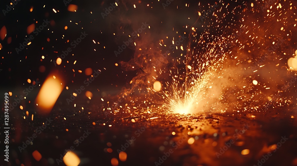 Poster exploding spark with flying particles and smoke on black background