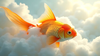 A surreal digital painting of a giant goldfish swimming in the clouds, symbolizing dreams, imagination, and freedom.
