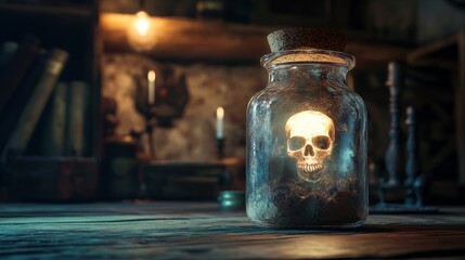 Mysterious glowing skull in a vintage glass jar on a wooden table with books and candles in a dimly lit room. Magical and mystical atmosphere concept