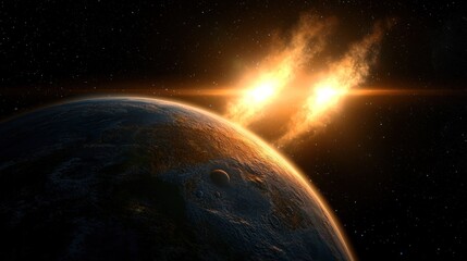 Dramatic celestial event showcasing two solar flares illuminating the Earth from space