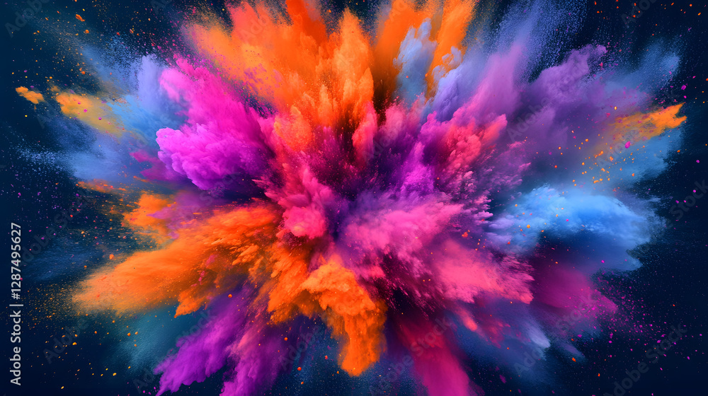Poster colorful powder explosion creating vibrant clouds on a dark background in a dynamic artistic display
