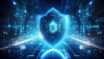 Obraz premium A digital shield icon representing cybersecurity, surrounded by glowing data streams and futuristic technology elements.