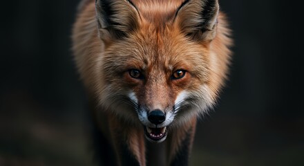 Fototapeta premium Intense Fox Portrait with Open Mouth Showing Teeth in Dark Setting