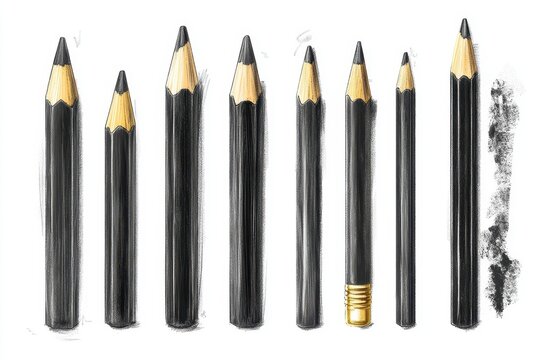 Collection of various black pencils, differing in size and sharpness. Illustrates pencil grades and drawing techniques, ideal for art & design projects.