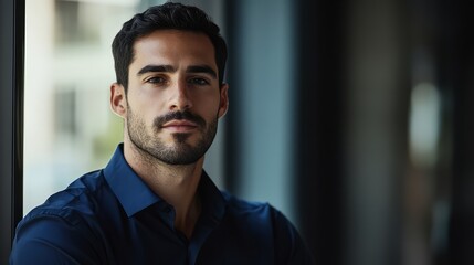 Obraz premium The portrait vividly captures the temperament and style of a modern businessman. His dark blue shirt is not only a symbol of professional status, but also conveys a sense of reserved strength and reli