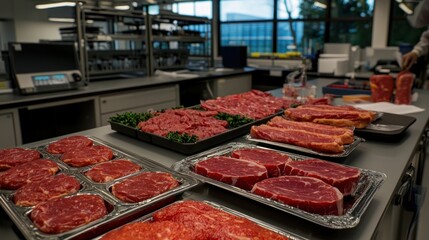 Fresh cuts of meat displayed on a laboratory table with greenery and equipment in the background