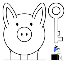 Large outline of a piggy bank, oversized key, and a seated person using a tablet. Ideal for finance, investments, savings, banking, strategy security digital apps. Line metaphor