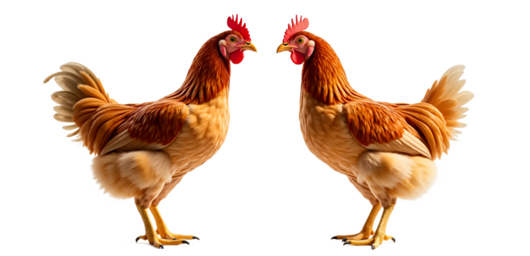 Brown hens isolated on transparent background. Farm chickens looking at each other for Easter designs, spring projects, food illustrations, and animal themes.